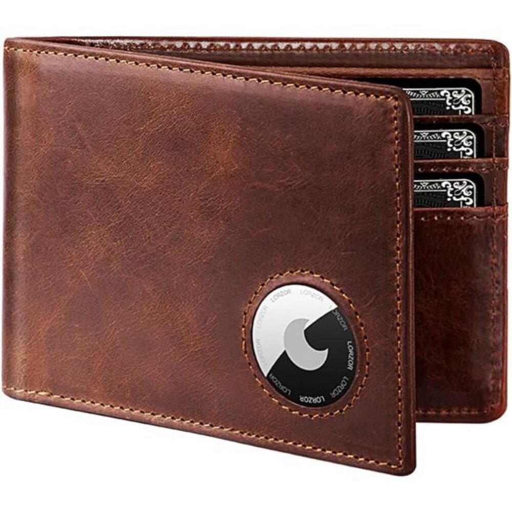 Bifold Full Grain Leather AirTag Wallet for Men, Minimalist Front Pocket